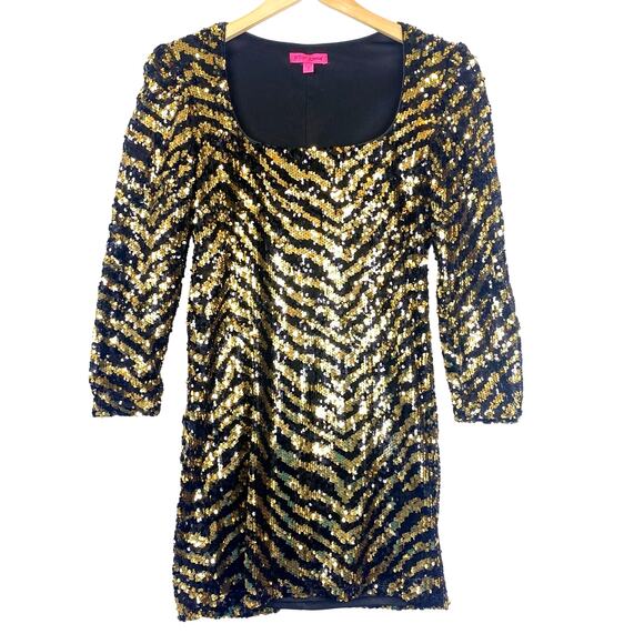 Betsy Johnson Tigress Sequin Cocktail Mini Dress Gold Black Party Holiday Sz M - Picture 2 of 13